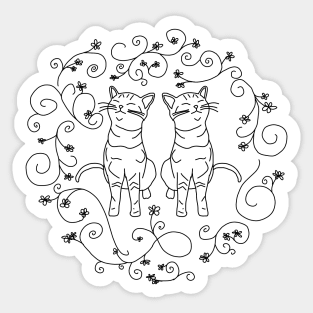 Two Happy Cats Doodle Black Line Drawing Sticker